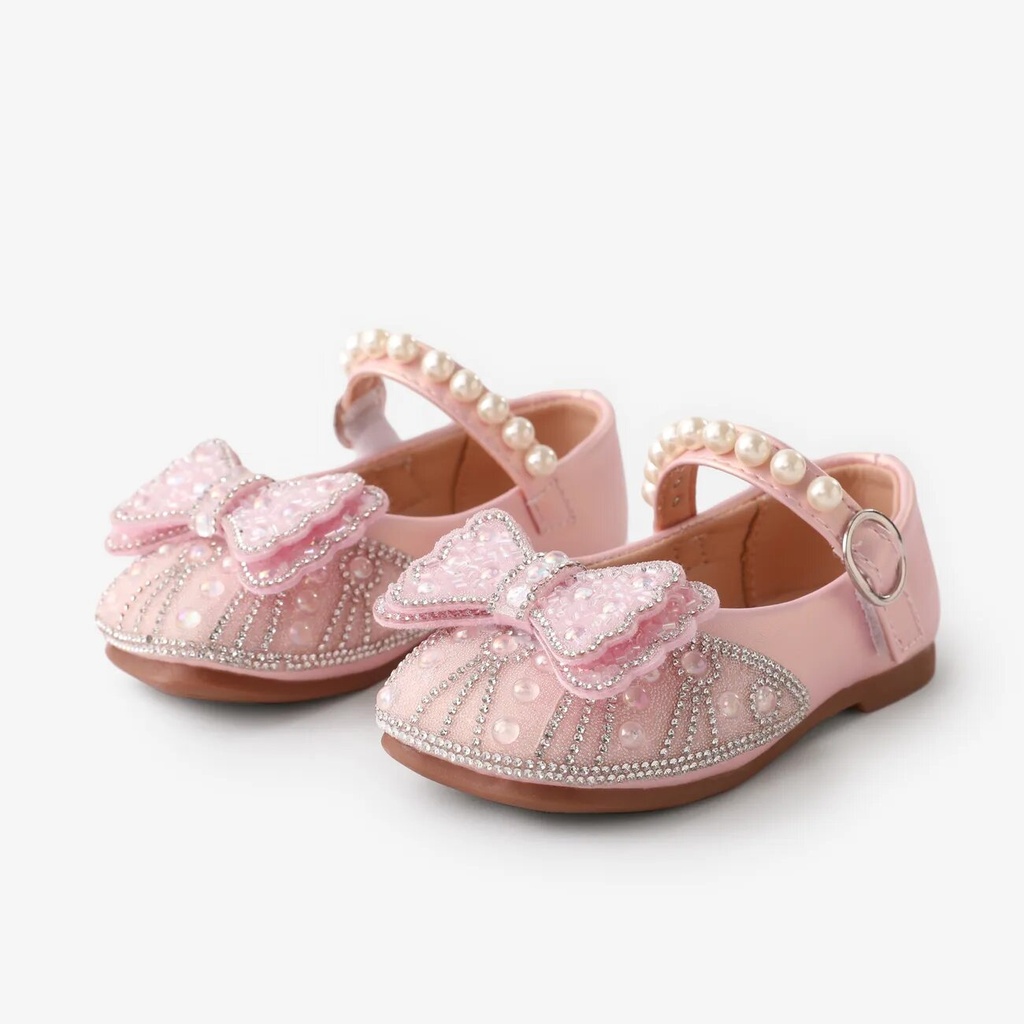 Toddler and Kids Girls Sweet Bow & Faux-pearl & Rhinestone Decor Velcro Leather Shoes