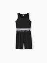 2pcs Kid Girl Solid Color Tank Top and Letter Print Shorts Sporty Set