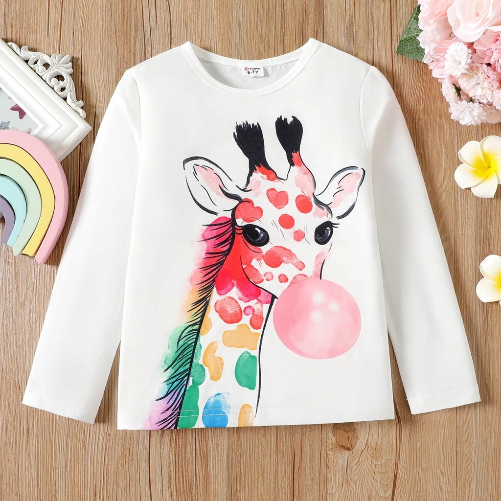 Kid Girl Giraffe Print Long-sleeve White Tee