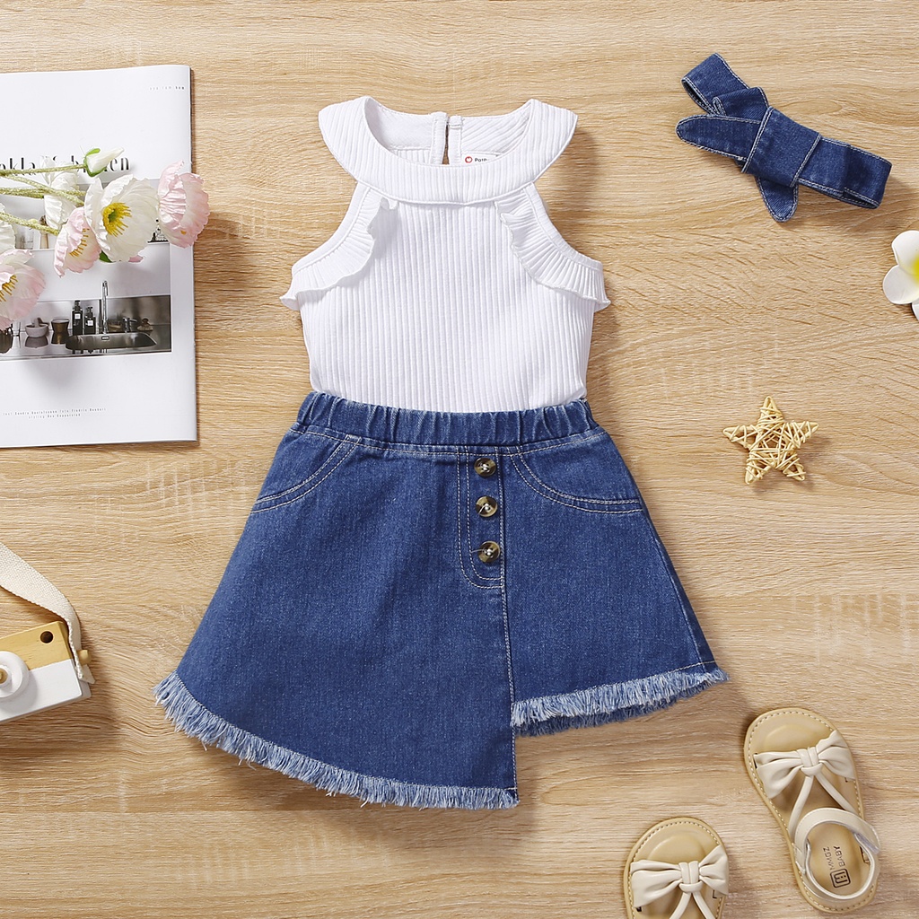 3pcs Baby Girl 95% Cotton Ruffled Rib-knit Halterneck Top & Asymmetrical Hem Denim Skirt & Headband Set