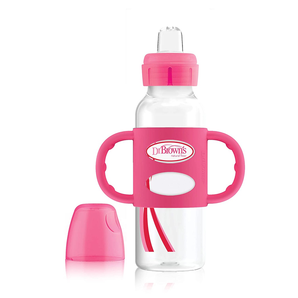 DR BROWN 8 oz/250 ml PP N Sippy Spout Bottle w/ Silicone Handles, Pink, Single