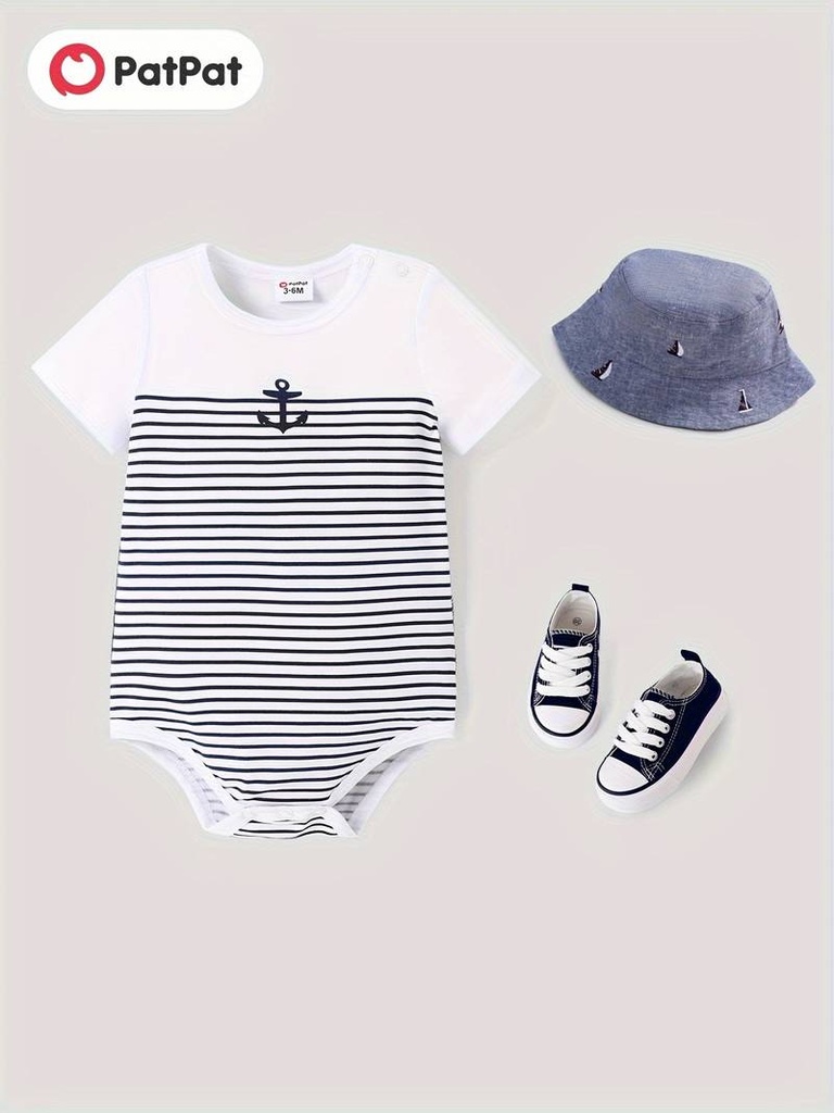 Baby Boy Letter/Stripe Print Short-sleeve Cotton Bodysuit
