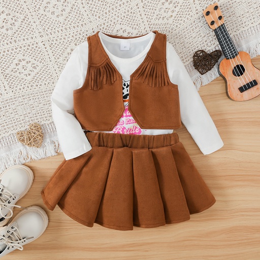 [SC9-20747669] 4pc Toddler Girl's Tassel Letter Suit Cowboy Dress Set with Belt and Vest