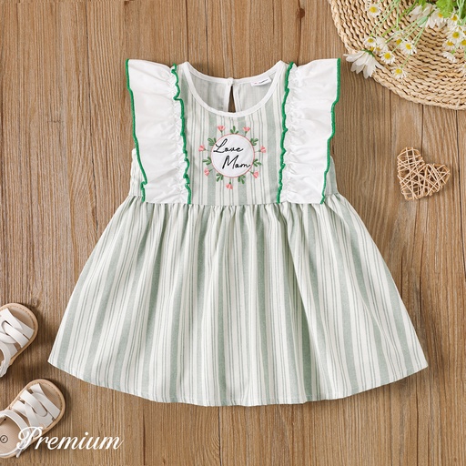 [SC9-20611781] Baby Girl Letter & Floral Embroidered Ruffled Striped Tank Dress