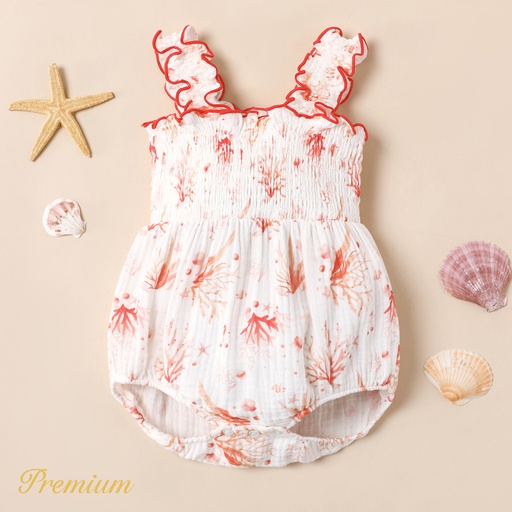 [SC9-20616500] Baby Girl 100% Cotton Allover Coral Print Lettuce Trim Smocked Tank Romper