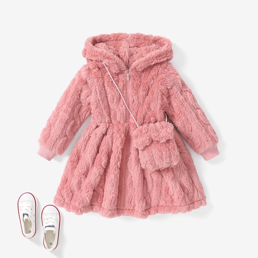 [SC9-20747981] 2pcs Toddler Girl Solid color Fuzzy Zipper Hooded Dress Set with Cute Bag