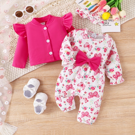 [SC9-20736675] 3PCS Baby Girls Sweet Butterfly Print Sleeve Jumpsuit/Coat /Headband