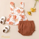 2pcs Baby Girl 100% Cotton Floral Print Button Up Cami Top and Solid Shorts Set