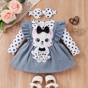 3pcs Baby Girl Childlike Spots Tshirt and 3D Cat Denim Dress Set with Headband