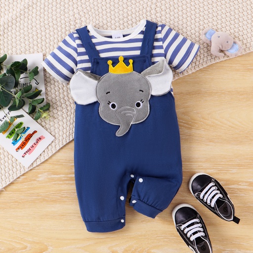 [SC9-20778259] 2pcs Baby Boy Childlike Striped Tee and Elephant 3D Overalls Set