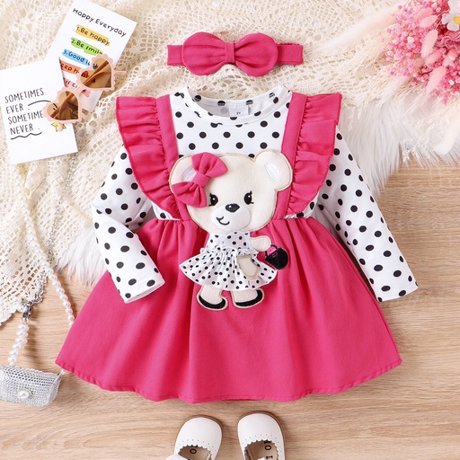 [SC9-20743523] 2pcs Toddler Girl Bear Graphic Ruffle Trim Long-sleeve Dress & Headband Set