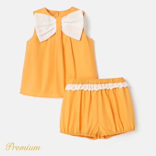 [SC9-20605092] 2pcs Kid Girl 100% Cotton Bow Front Tank Top and Lace Detail Shorts Set