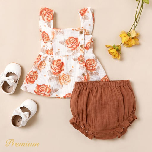 [SC9-20606197] 2pcs Baby Girl 100% Cotton Floral Print Button Up Cami Top and Solid Shorts Set