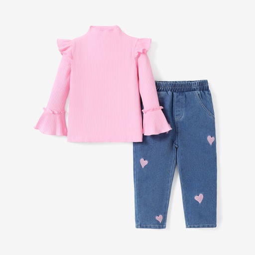 [SC9-20743567] 2pcs Toddler Girl Sweet Heart Cotton Flutter Sleeve Tee and Jean Set