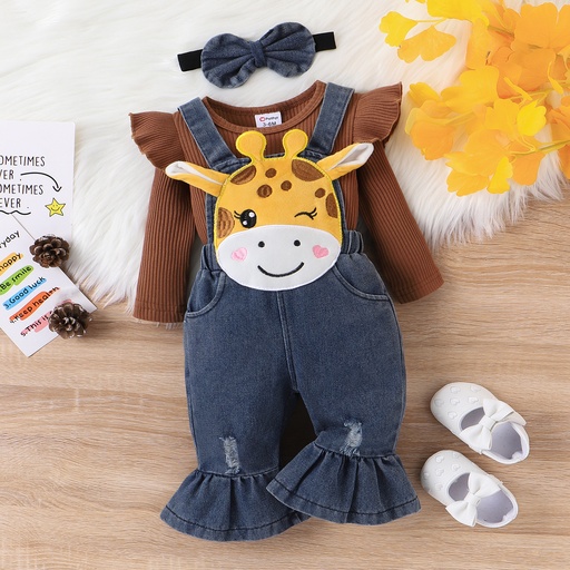 [SC9-20746156] 2pc Baby Girl Childlike 3D Giraffe Animal print 95% Cotton Top and Denim Jean Set