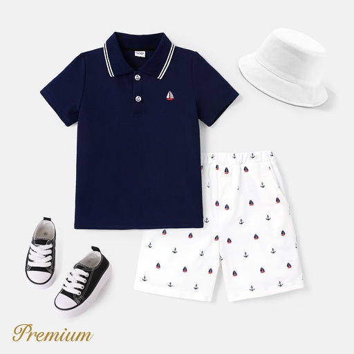 [SC9-20644354] 2pcs Kid Boy Sailboat Embroidered Polo Neck Tee and Naia™ Print Shorts Set