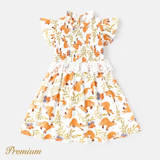 [SC9-20606890] Toddler Girl 100% Cotton Allover Fox Print Flutter-sleeve Lace Detail Shirred Dress