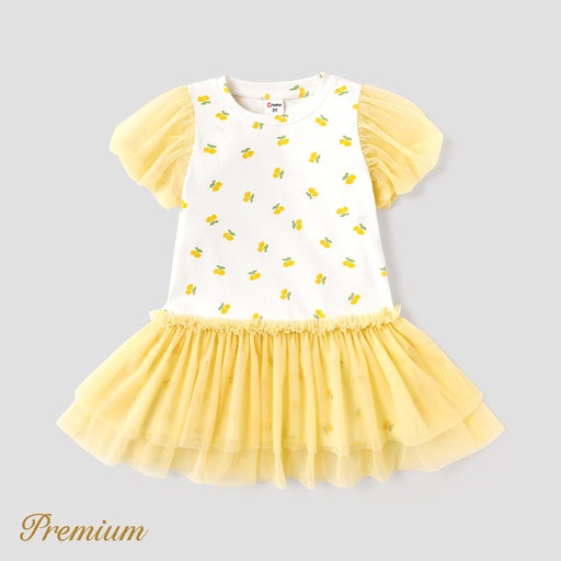 [SC9-20616795] Toddler Girl Cotton Allover Lemon Print Puff-sleeve Spliced Mesh Dress