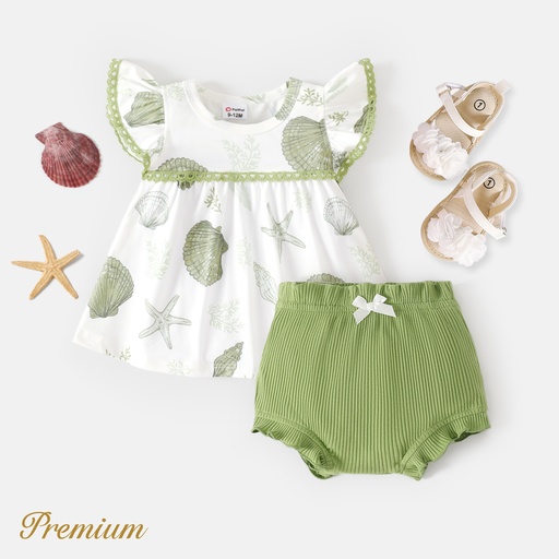 [SC9-20650948] 2pcs Baby Girl Naia™ Ocean Print Flutter-sleeve Top and Ruffle Trim Solid Shorts Set