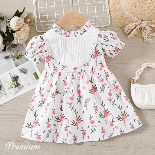 [SC9-20614632] Baby Girl 100% Cotton Allover Floral Print Puff-sleeve Dress