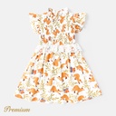 Toddler Girl 100% Cotton Allover Fox Print Flutter-sleeve Lace Detail Shirred Dress