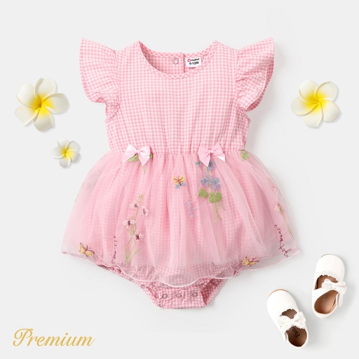 [SC9-20628733] Baby Girl Plaid Ruffle-sleeve Mesh Overlay Romper