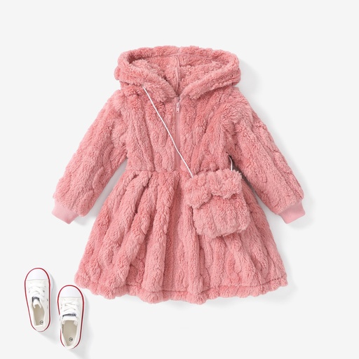 [SC9-20747982] 2pcs Toddler Girl Solid color Fuzzy Zipper Hooded Dress Set with Cute Bag