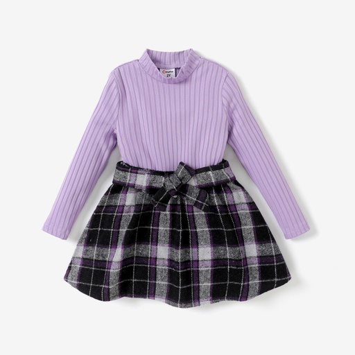 [SC9-20754206] 3pcs Toddler Girl Sweet Houndstooth Grid Stand Collar Skirt Set with Belt