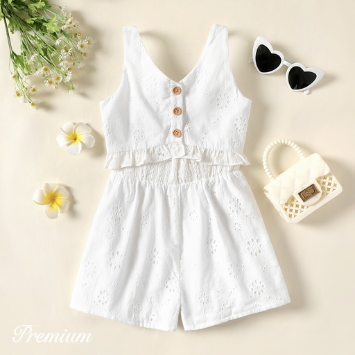 [SC9-20626919] Kid Girl 100% Cotton Eyelet Embroidered Textured Sleeveless Romper Shorts