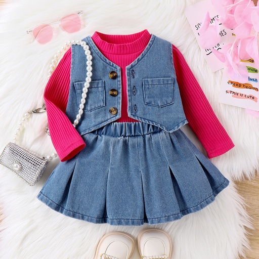 [SC9-20749963] 3pcs Baby Girl Avant-garde Solid Color Colllar Stand Tshirt Denim Tank Top and Skirt Set