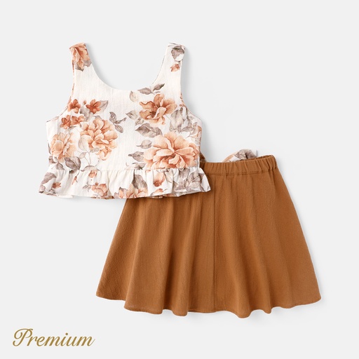 [SC9-20568511] 2pcs Toddler Girl 100% Cotton Floral Print Ruffle Camisole and Bows Design Skirt Set