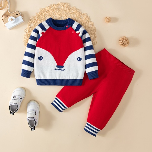 [SC9-20682296] 2pcs Baby Boy 100% Cotton Fox Graphic Stripe Long-sleeve Sweater and Pants Set