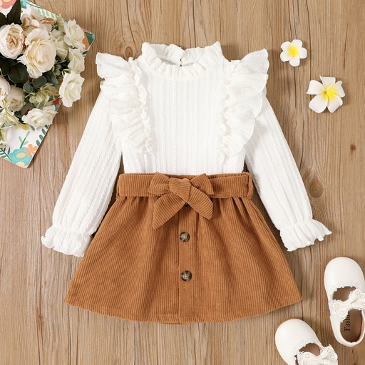 [SC10-20675899] 2pcs Toddler Girl Ruffle Texture Solid Long-sleeve Top and Belted Buttons Skirt Set