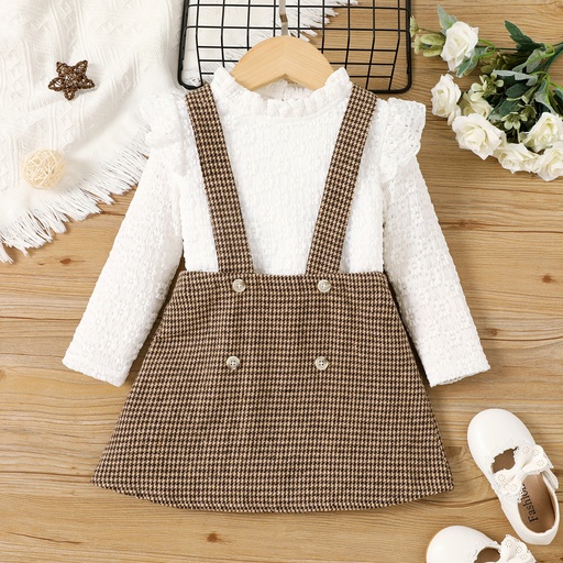 [SC10-20672668] 2pcs Toddler Girl Grid Button Details Long Sleeve Suit-Dress