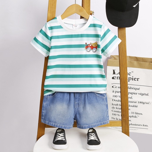 [SC10-20671772] 2pcs Toddler Boy Vehicle Print Stripe Short-sleeve Tee and 95% Cotton Denim Shorts Set