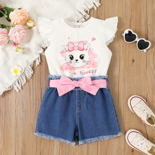 [SC10-20659218] 2pcs Toddler Girl Cute Cat Print Ruffled Short-sleeve Tee and Polka Dots Belted Shorts Set