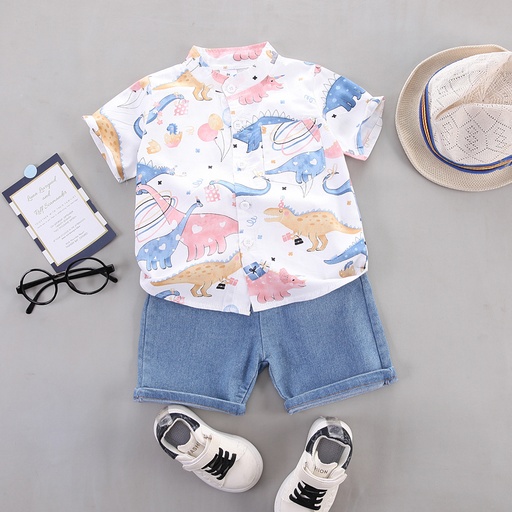 [SC10-20656318] 2pcs Toddler Boy Allover Dinosaur Print Short-sleeve Cotton Shirt and Denim Shorts Set