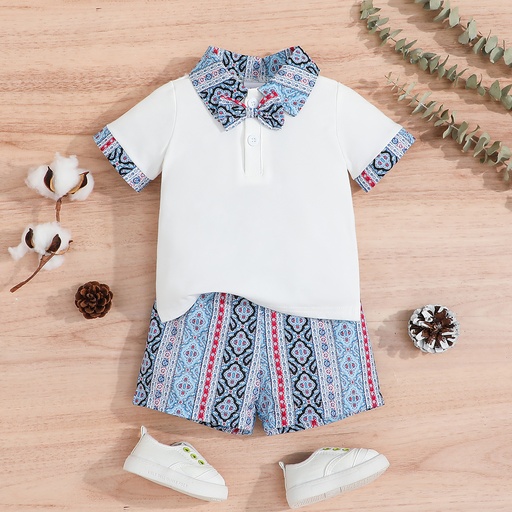 [SC10-20654601] 2pcs Baby Boy Front Buttons Ethnic Pattern Lapel Collar Short-sleeve Top and Shorts Set