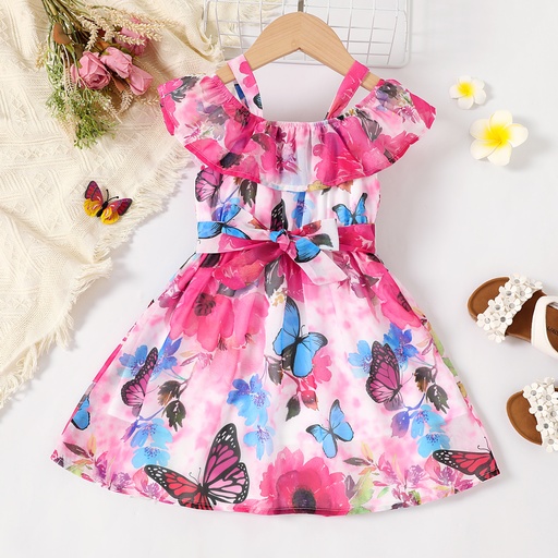 [SC10-20654274] Toddler Girl Allover Butterfly Print Ruffle Strappy Belted Dress