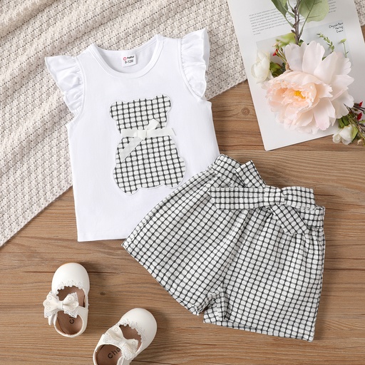 [SC10-20650858] 2pcs Baby Girl Cotton Animal Pattern Ruffle Top and Allover Plaid Bow Decor Shorts Set