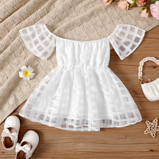 [SC10-20650541] Toddler Girl White Plaid Off-Shoulder Short-sleeve Dress