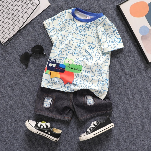 [SC10-20653141] 2pcs Toddler Boy Allover Print Tee and Ripped Denim Shorts Set