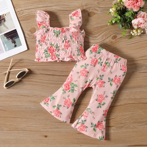 [SC10-20649941] 2pcs Baby Girl Allover Floral Print Ruffled Smocked Tank Top and Flared Pants Set