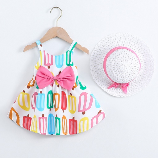 [SC10-20651395] 2pcs Baby Girl Bow Decor Allover Print Slip Dress and Hat Set