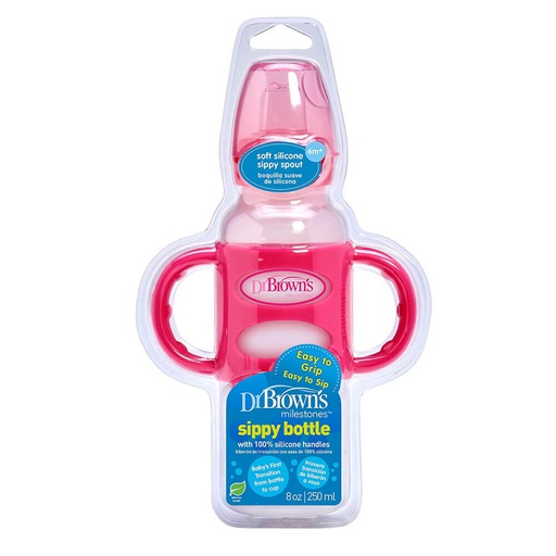 DR BROWN 8oz/250ml PP N Sippy Straw Bottles w/ Silicone Handles, Pink, Single