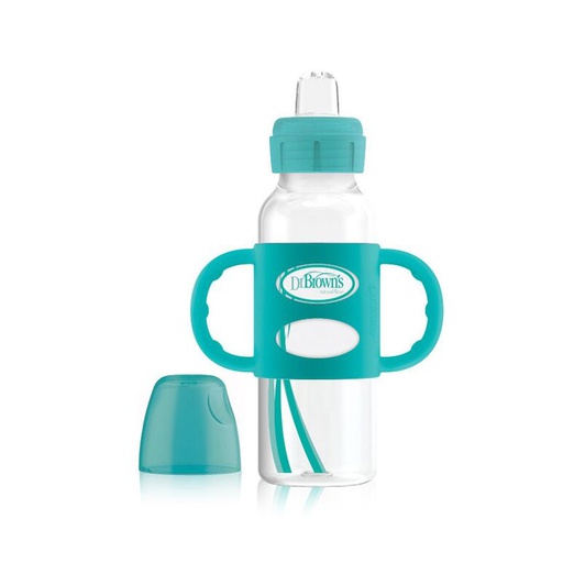 DR BROWN 8oz/250ml PP N Sippy Straw Bottles w/ Silicone Handles, Blue, Single
