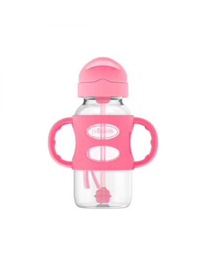 DR BROWN 9 oz/270 mL Wide-Neck Sippy Straw Bottles w/ Silicone Handles, Pink, 1-Pack