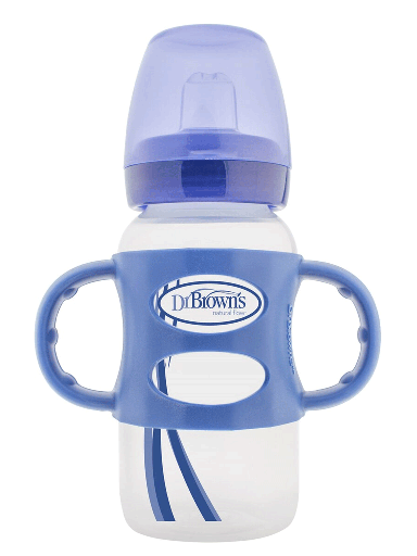 DR BROWN 9 oz/270 mL Wide-Neck Sippy Straw Bottles w/ Silicone Handles, Blue, 1-Pack