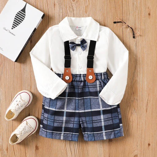 [SC11-20678332] 2pcs Toddler Boy Bow Tie Long-sleeve Shirt and Plaid Suspender Pants Set