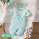 2pcs Baby Girl 100% Cotton Front Bow Decor Buttons Lace Ribbed Short-sleeve Jumpsuit and Headband Set